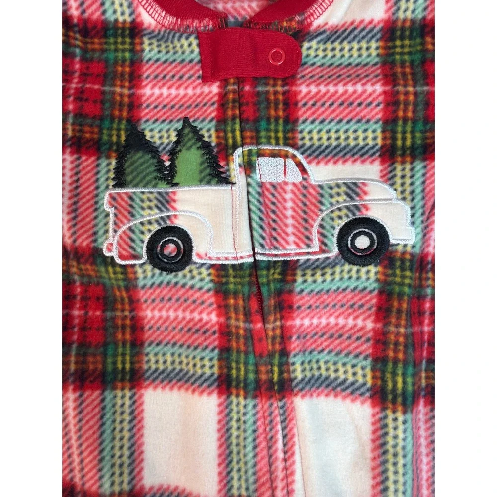 Eddie Bauer Footed Sleeper Baby 3M Plaid Red Truck Christmas Fleece NEW
